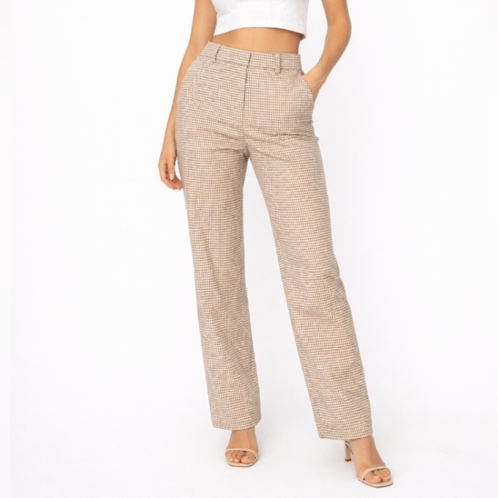 Ann Taylor Checkered Straight Leg Slacks Pants Tan White 14